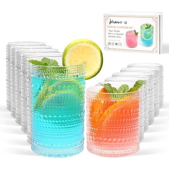 Hobnail Drinking Glasses Set of 12,12 oz Highball Glasses & 10 oz Cocktail Glasses,Clear Embossed Glass Cups,Kitchen Water Glass Cup,Bar Tumbler Glassware Set for Whiskey, Beer, Cocktail, Juice, Milk