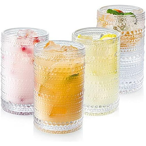 Hobnail Drinking Glasses Set of 4, Art Deco Vintage Glassware, 12 oz Tall Crystal Tumblers, Clear Embossed Glass Cups, Romantic Iced Beverage Glass, for Beer, Cocktail, Soda, Cappuccino