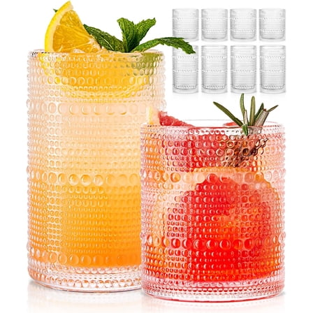 Hobnail Drinking Glasses Set of 8, 4pcs 15oz Highball Glasses & 4pcs 12oz Clear Glass Cups,Kitchen Bar Vintage Embossed Glassware Sets for Whiskey,Cocktail,mocktails,Wine, Water & Juice Drinkware
