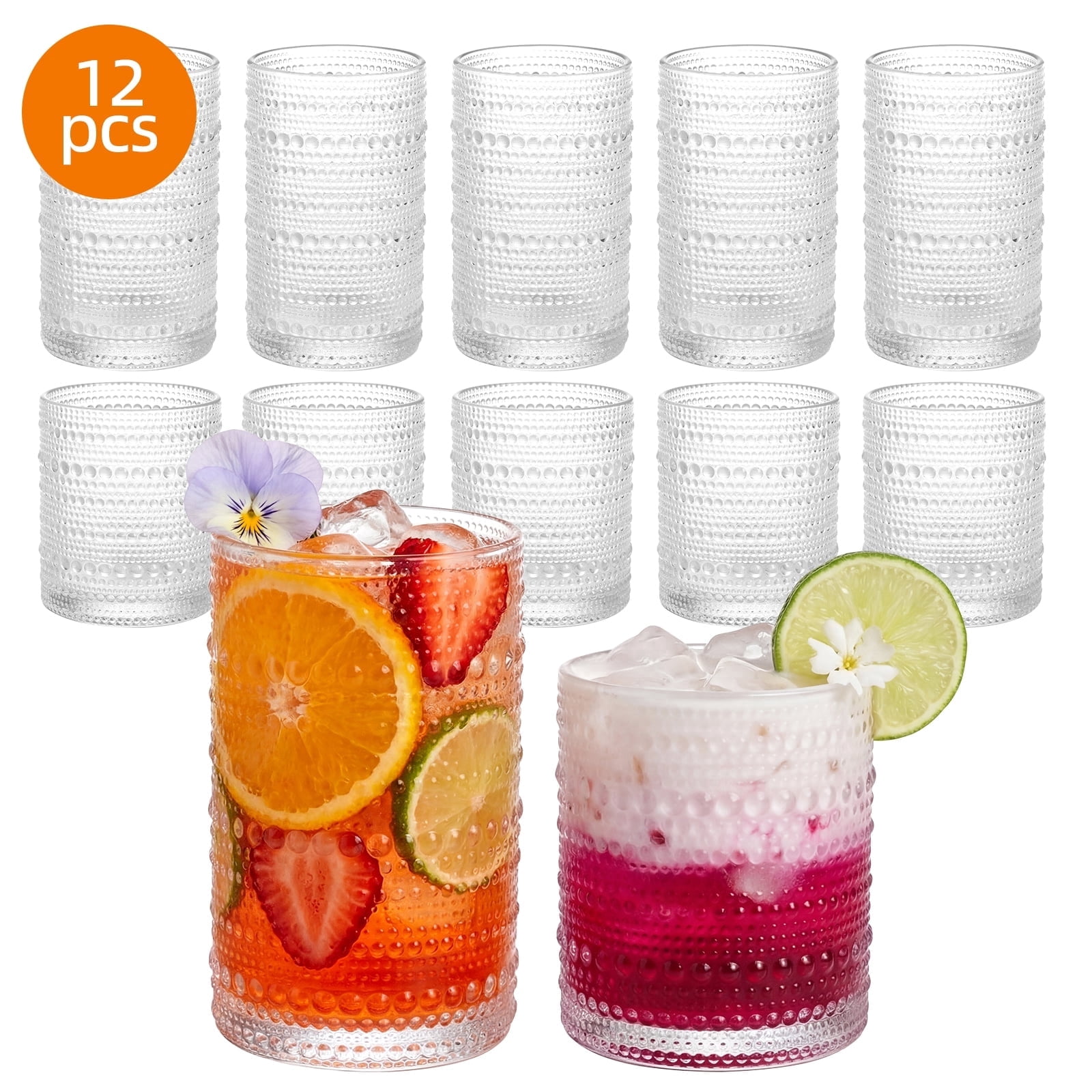 Hobnail Drinking Glasses Set of 12, Clear Embossed Glass Cups, 6 x 12 Oz & 6 x 10 Oz Tumblers