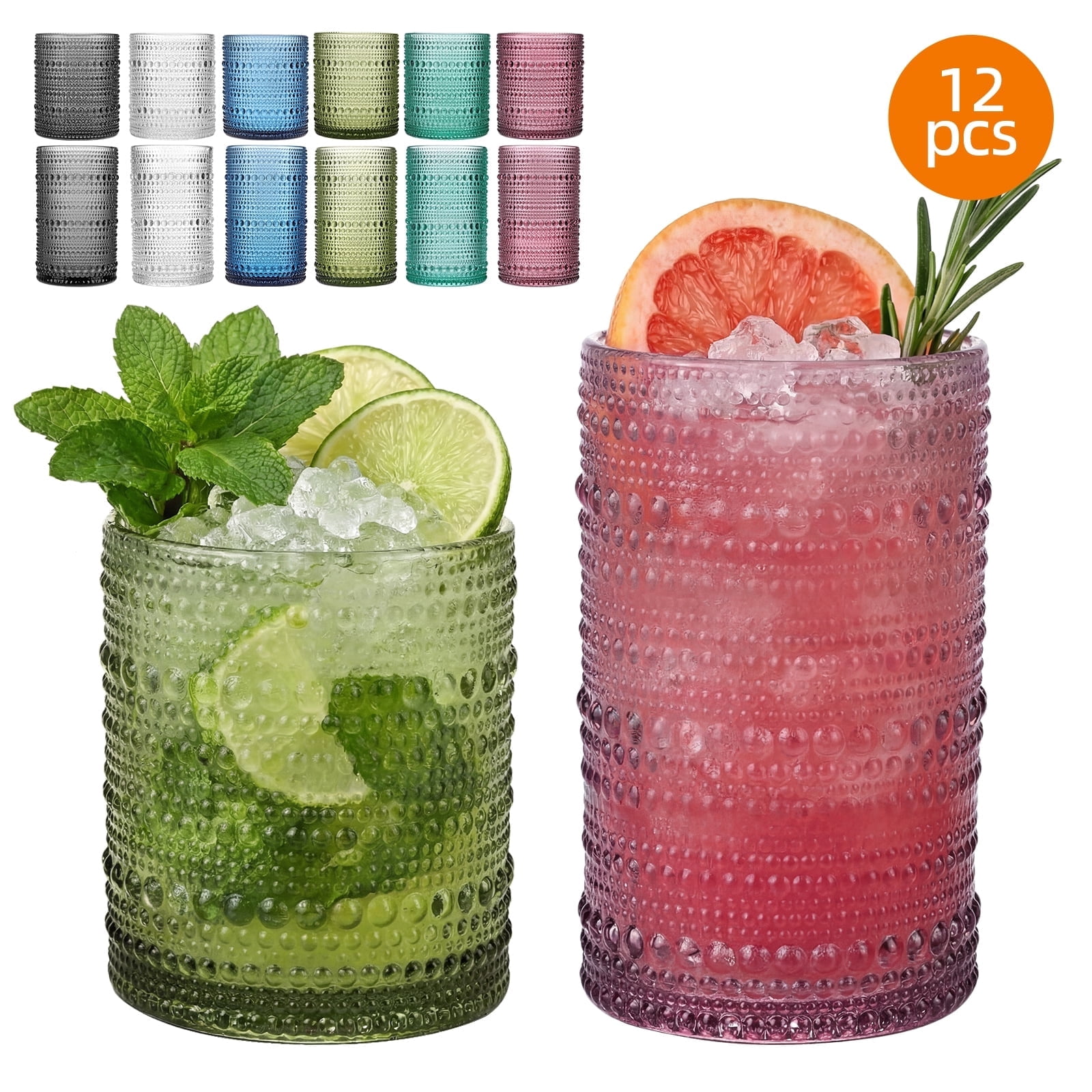 Hobnail Drinking Glasses Set of 12, Colorful Vintage Glassware with 12oz Highball & 10oz Cocktail Cups