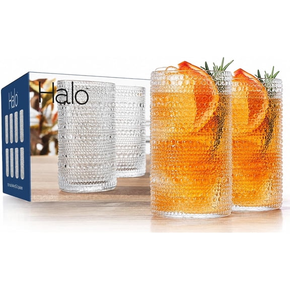Hobnail Highball Glasses Set of 8, Textured Embossed Beaded Design, 15.2 oz Cocktail Cooler Drinking Glassware Elegant Everyday Home Dinner Bar
