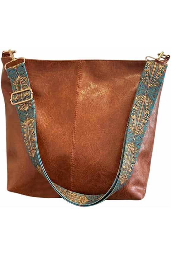 Hobo Crossbody Bag for DIY Women Vegan PU Leather Shoulder Purses Brown Stylish Wide Guitar Strap Tote Bucket Bag with Zipper for DIY Working Shopping Traveling Daily Use Gifts