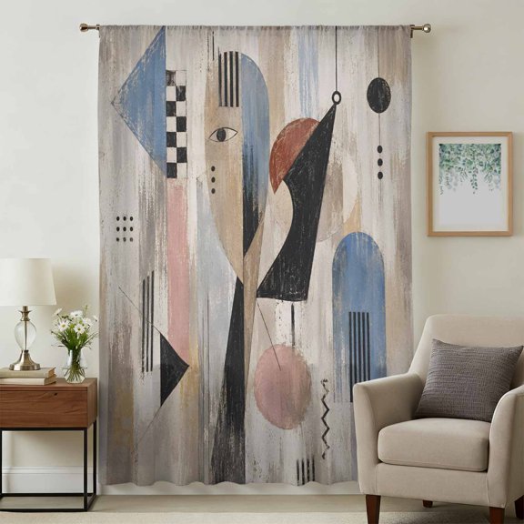 Hobo Portrait Sheer Curtains 108" Extra Long, Abstract Geometric Retro Bohemian Modern Lines Light Filering Curtains, Privacy Drapes Simi Floor to Veiling Curtain for Living Room Window Treatment