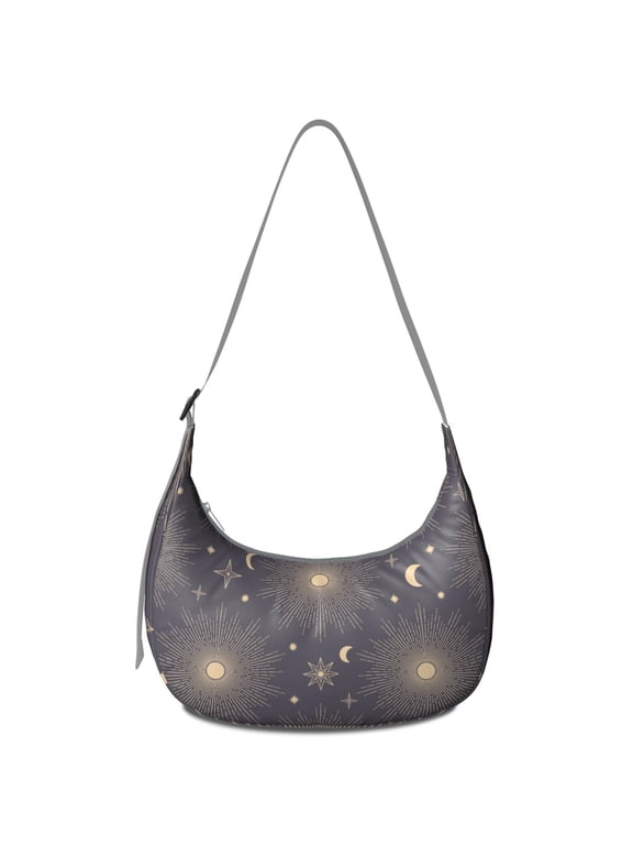 Hobo Shoulder Bag for Women – Adjustable Strap, Golden Witchy Starry Night Pattern, Cosmic and Aesthetic Moon Print, Comfortable Everyday Crossbody Purse