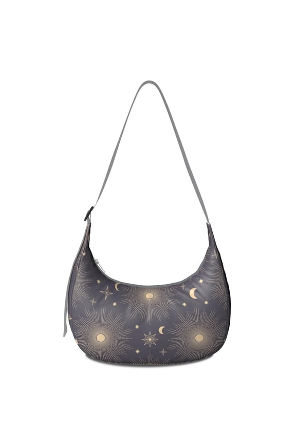 Hobo Shoulder Bag for Women – Adjustable Strap, Golden Witchy Starry Night Pattern, Cosmic and Aesthetic Moon Print, Comfortable Everyday Crossbody Purse
