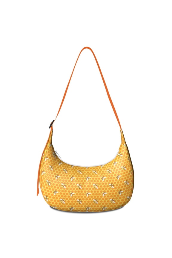 Hobo Shoulder Bag for Women – Adjustable Strap, Artistic Honeybee and Hive Design, Yellow Queen Bee Pattern, Comfortable Everyday Crossbody Purse