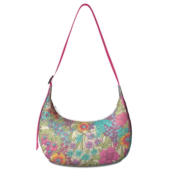 Hobo Shoulder Bag for Women – Comfortable Wear, Retro Tropical Flower and Leaves Print, Rustic Wildflower and Butterfly Illustration Purse