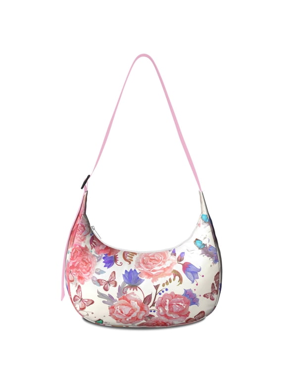 Hobo Shoulder Bag for Women – Comfortable Wear, Rustic Romantic Rose and Peony Pattern, Vintage Floral and Skull Print, Boho Floral and Bee Artwork