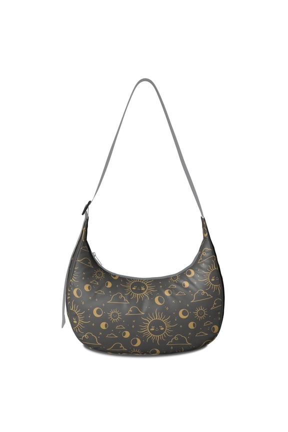 Hobo Shoulder Bag for Women – Comfortable Wear, Witchy Astrology Design, Golden Starry Night and Moon Print, Gothic Celestial Pattern Purse