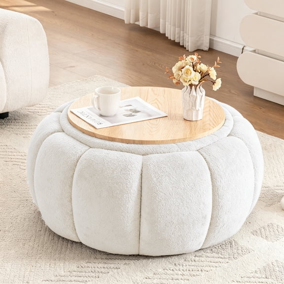 Hobooment 32.3" Ottoman Round with Storage, Reversible Wood Tray Top for Living Room, Bedroom, Beige