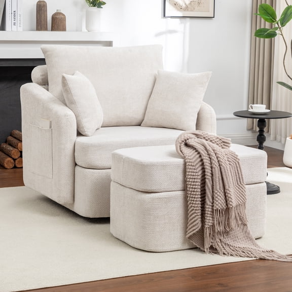 Hobooment 360-Degree Corduroy Swivel Chair, Accent Chair with Footstool for Living Room or Bedroom, Beige