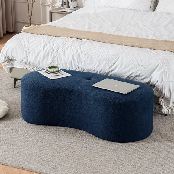 Hobooment 51" Teddy Tufted Upholstered Bench for Bedroom End of Bed, Mid-Century Fringe Ottoman Footrest for Living Room, Entryway, Window Side Bench, Blue