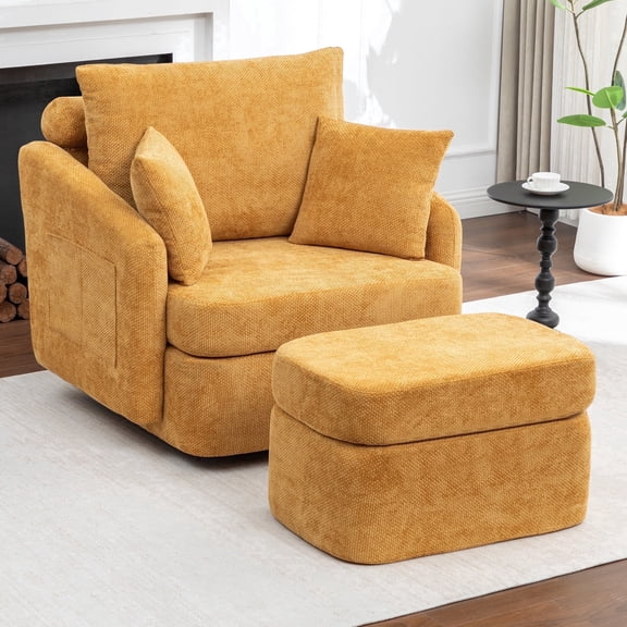 Hobooment Corduroy Swivel Chair Solid metal base 360-Degree Rotating Decorative Chair Comfortable Lounge Chair with Footstool for Living Room or Bedroom