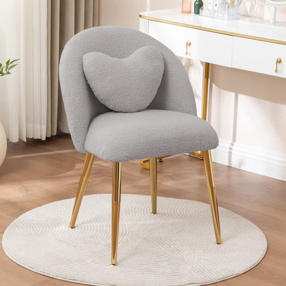 Hobooment Makeup Chair Comfy Vanity Stool for Bedroom, Living Room or Home Office Compact Accent Chair Small Office Chair with teddy fabric (Grey )