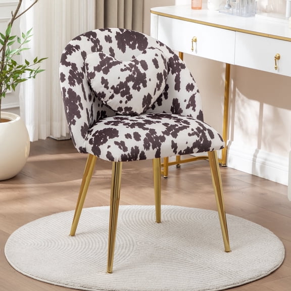 Hobooment Makeup Chair Comfy Vanity Stool for Bedroom, Living Room or Home Office Compact Accent Chair Small Office Chair with Plush Faux Fur Rabbit Hair （cow ）