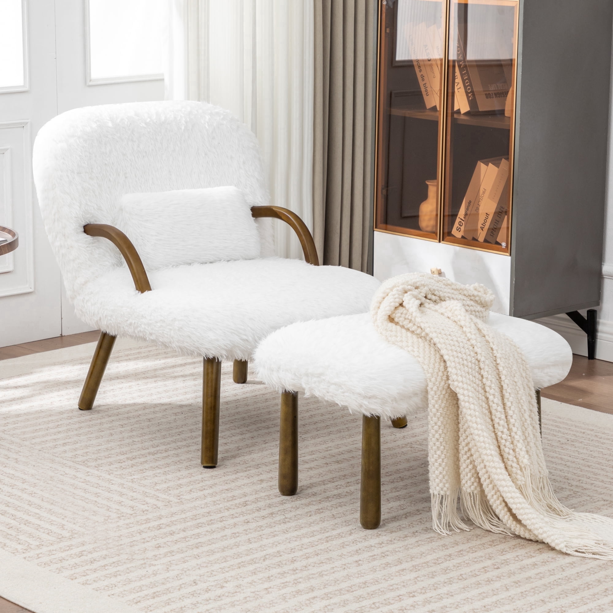 Hobooment Modern Faux Rabbit Fur Lounge Chair Set with Matching ...