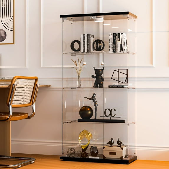 Hoccot 4 Shelf Glass Display Cabinet with 12 Color LED Lights and Remote Control, 2 Glass Doors Curio Cabinet - Black