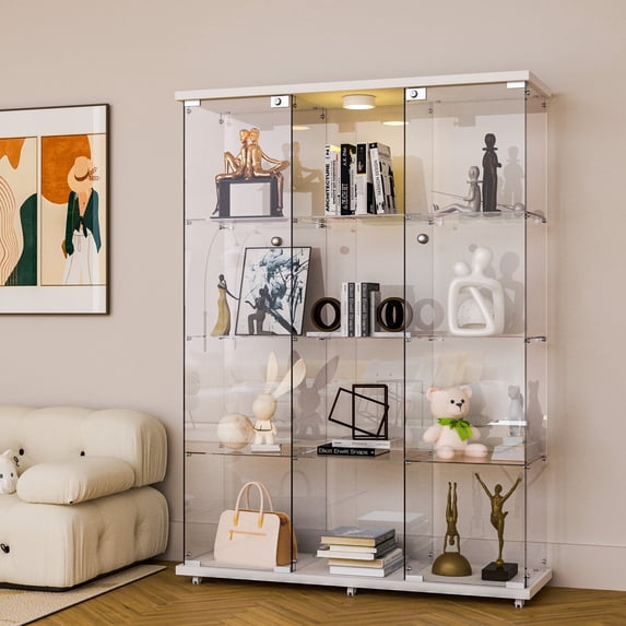 HOCCOT 4 Shelf Glass Display Cabinet with 12 Color LED Lights and Remote Control Wine Cabinet-White