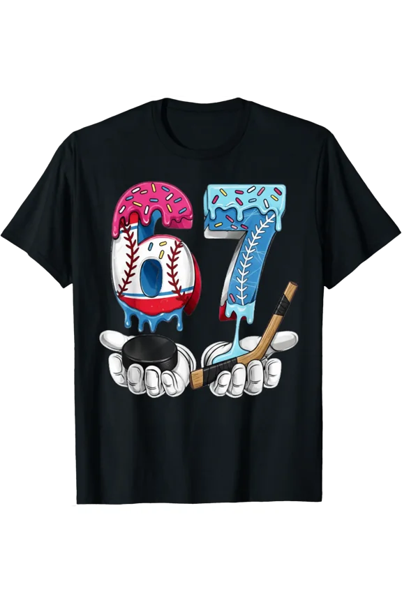 Hockey 67 Ice Cream Drip Funny Six Seven Hands Meme 6 7 T-Shirt All Size S-5Xl