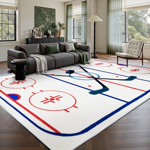 Hockey Area Rug 5x7ft, Machine Washable, Non-Slip Bottom, Foldable & Easy to Store, Easy-Care Sports Carpet for Living Room Bedroom Kids Room
