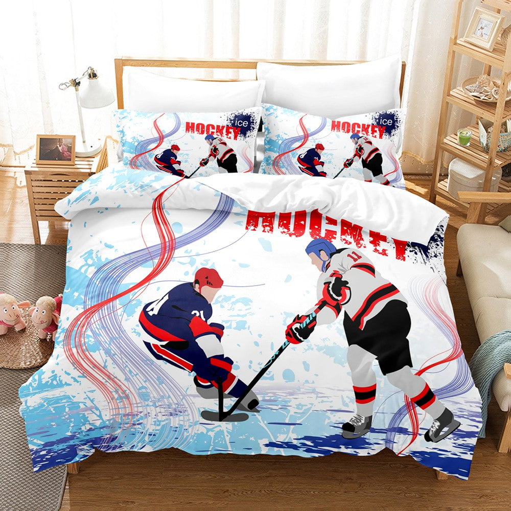  Erosebridal Boys Ice Hockey Player Bed Sheets,Winter Sports Game  Fitted Sheet for Kids Teens,Blue Grey Hockey Puck Bed Cover + 1  Pillowcase,Winter Sports Patchwork Bedding Set Twin,no Flat Sheet : Home