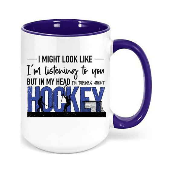 Hockey Coffee Mug, Hockey Gift, Thinking About Hockey, Ice Hockey Mug, Gift For Him, Sports Fan, Hockey Cup, Sublimated Design, Hockey Fan, BLUE