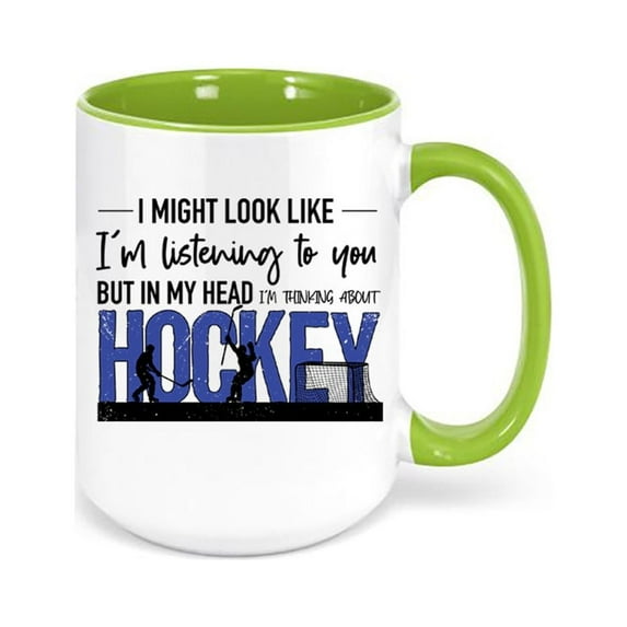 Hockey Coffee Mug, Hockey Gift, Thinking About Hockey, Ice Hockey Mug, Gift For Him, Sports Fan, Hockey Cup, Sublimated Design, Hockey Fan, GREEN
