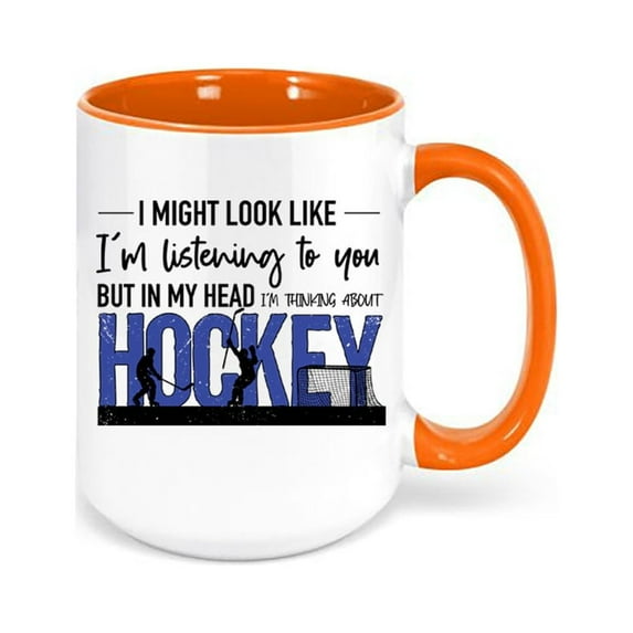 Hockey Coffee Mug, Hockey Gift, Thinking About Hockey, Ice Hockey Mug, Gift For Him, Sports Fan, Hockey Cup, Sublimated Design, Hockey Fan, ORANGE