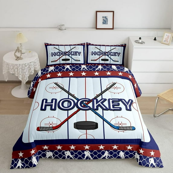 Hockey Comforter Set,Ice Hockey Player Bedding Set for Kids Girls Women,Adults Hockey Pucks Comforter,Ice Hockey Field Quilted Duvet Set Bedroom Collection King Size