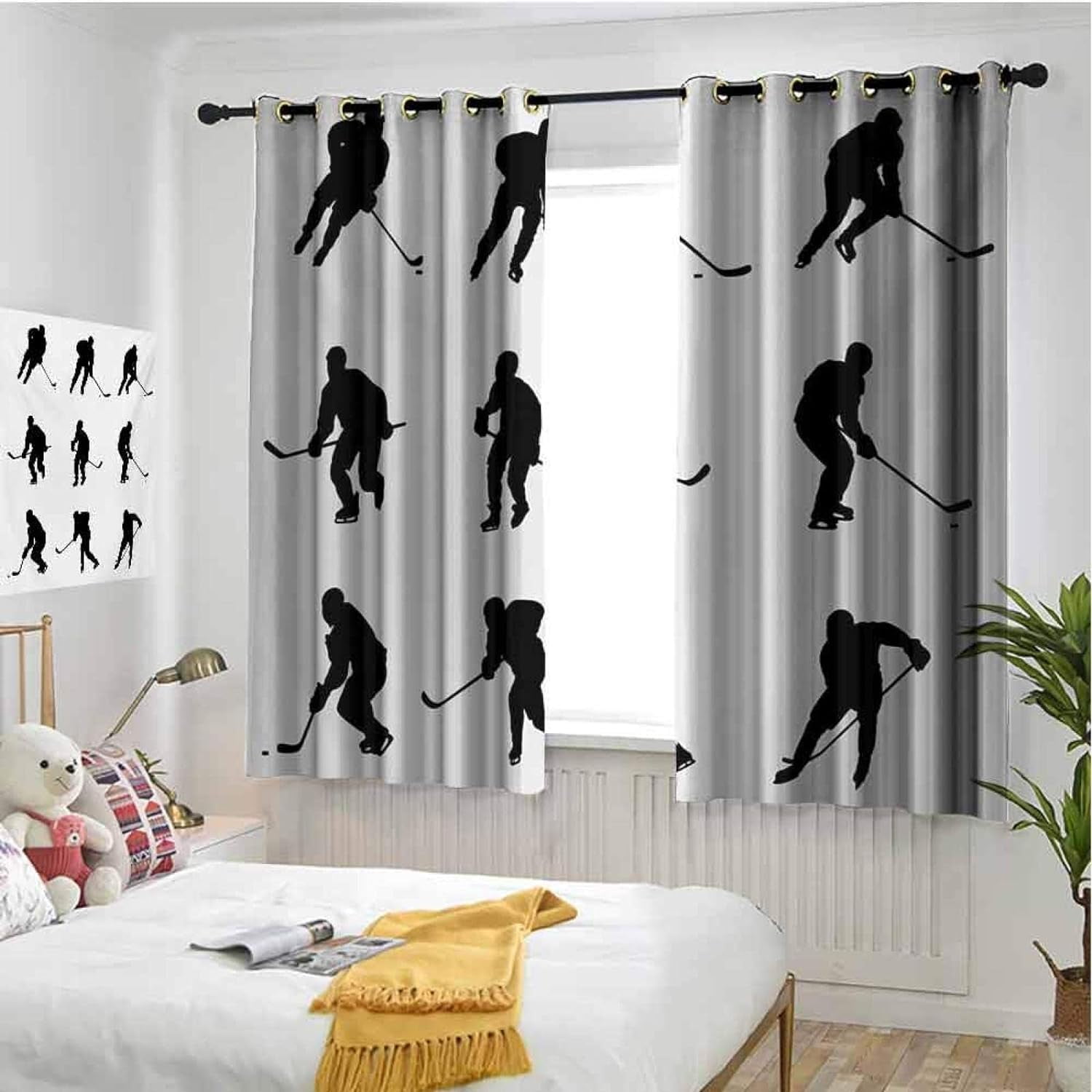 Hockey Curtain,Player Silhouette Blackout Curtains,3D Set of 2 Panels