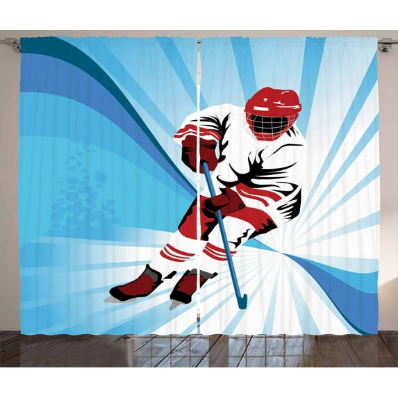 Ambesonne Hockey Curtains 2 Panel Set, Player Strong Shot Goal, 108" x 90", Blue Red White