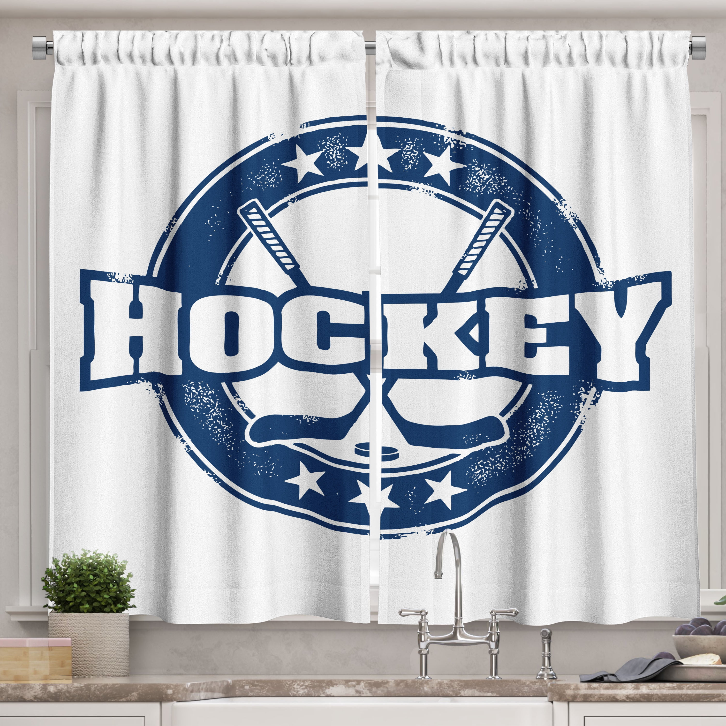 Hockey Curtains 2 Panels Set, Weathered Looking Vintage Stamp
