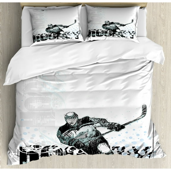 Hockey Duvet Cover Set King Size, Professional Goaltender in Sketch Art Style on a Grunge Sports Background with Dots, Decorative 3 Piece Bedding Set with 2 Pillow Shams, Multicolor, by Ambesonne