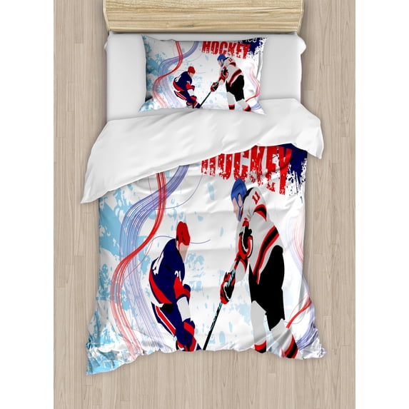 Hockey Duvet Cover Set Twin Size, Two Ice Hockey Players in Cartoon Style on Grunge Abstract Skating Rink Backdrop, Decorative 2 Piece Bedding Set with 1 Pillow Sham, Multicolor, by Ambesonne