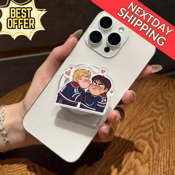 Hockey Film-Inspired Couple Magnetic Phone Grip Kissing Cartoon Characters, Cute Phone Stand for Sports Lovers and Fans