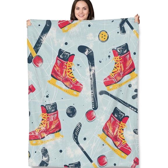 Hockey Gear Blanket - Soft Fleece Throw with Vintage Ice Hockey Design - Perfect for Sports Fans, Kids, and Winter Decor - 40x50 Inches