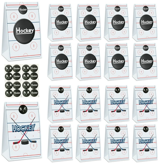 Hockey Gift Bags, 20 Pack Paper Ice Hockey Goodie Bags with Stickers, Hockey Party Favors Treat Bags for Kid's Birthday, Hockey Game Day, Baby Shower, Game Celebration