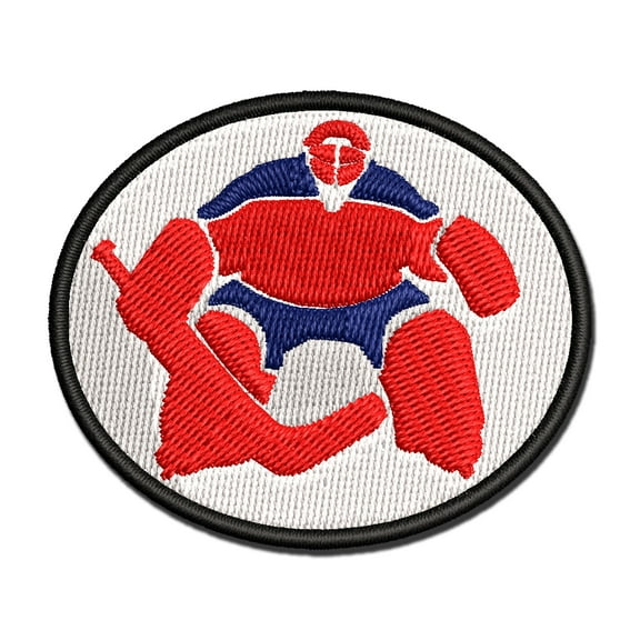 Hockey Goalie Goalkeeper with Stick Applique Multi-Color Embroidered Iron-On Patch - 3 Inch Medium