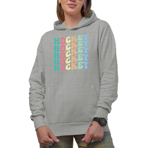 Hockey, Groovy Retro Wavy Text Merch Gift, Heather Grey Hooded Sweatshirt or Hoodie, 2XL