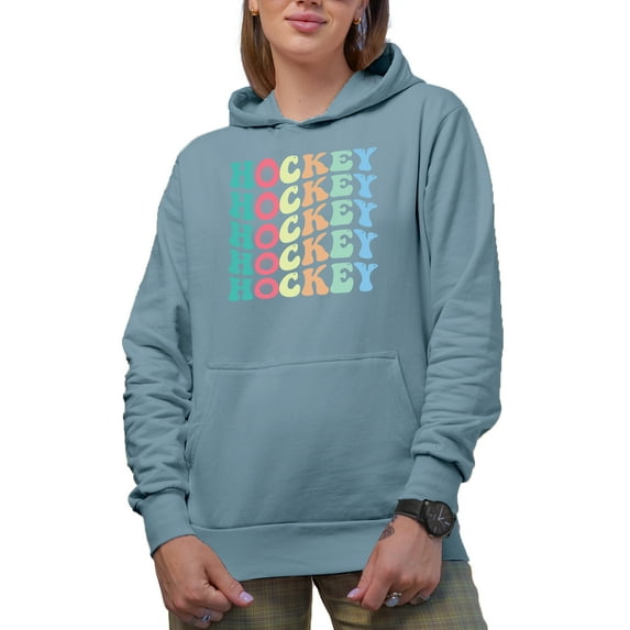 Hockey, Groovy Retro Wavy Text Merch Gift, Light Blue Hooded Sweatshirt or Hoodie, Small