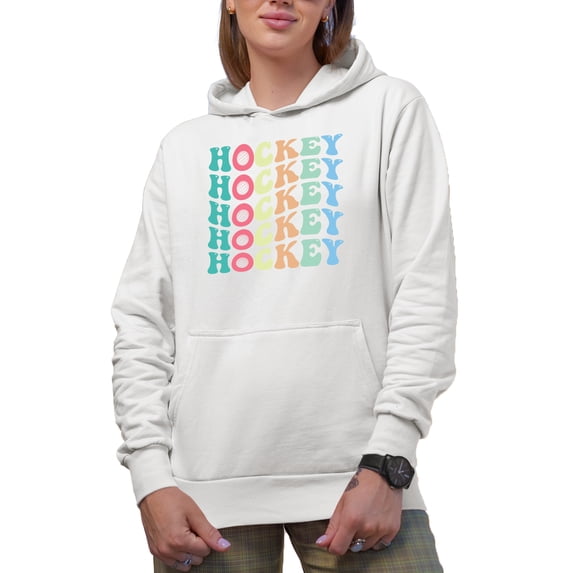 Hockey, Groovy Retro Wavy Text Merch Gift, White Hooded Sweatshirt or Hoodie, Small