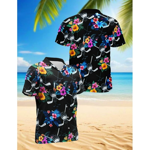 Hockey Hawaiian Shirt for Men, Tropical Style, Button Down Summer Beach Short Sleeve, S-5XL