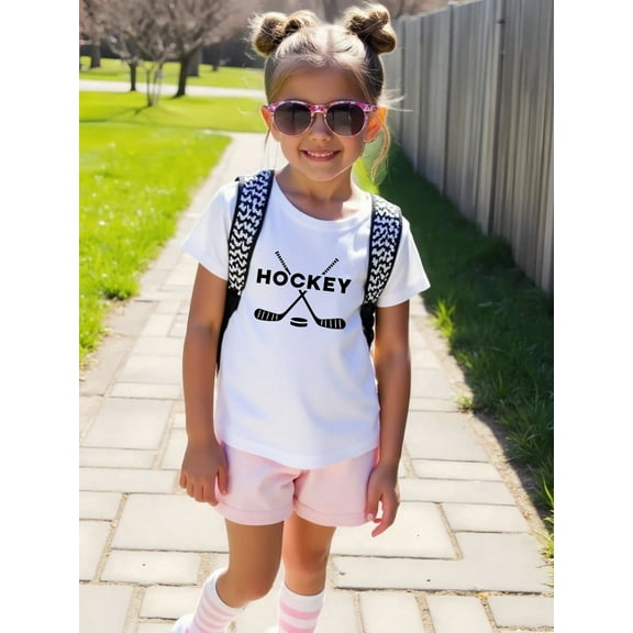 Hockey Lovers Patterned Print Summer Graphic T-shirts for Outdoor Sports and Daily Wearing, Young Girls T-Shirts, Size from 3-13Y