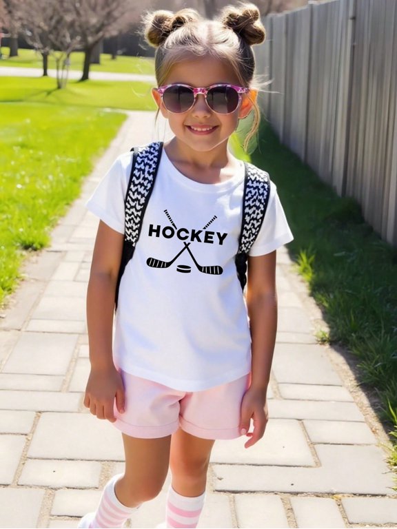 Hockey Lovers Patterned Print Summer Graphic T-shirts for Outdoor Sports and Daily Wearing, Young Girls T-Shirts, Size from 3-13Y