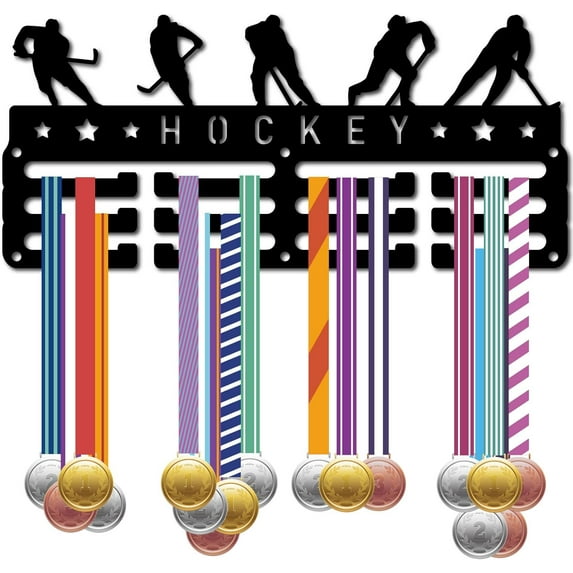 Hockey Medal Hanger Display Medal Holder Sports Rack Wall Mount Iron Frame Metal Medal Hook Organizer for Hanging Over 40 Medals Awards Ice Field Hockey Player Medalist 11.4 x 5.1Inch Black