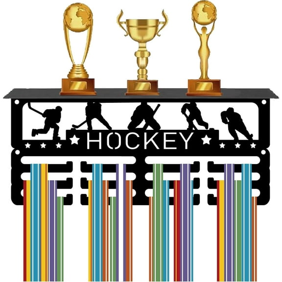 Hockey Medal Holder Trophy Shelf Display with 12 Hooks Metal Medal Hanger Wall Mount Stand Hold 60+ Sports Medals Organizer Rack with Shelf