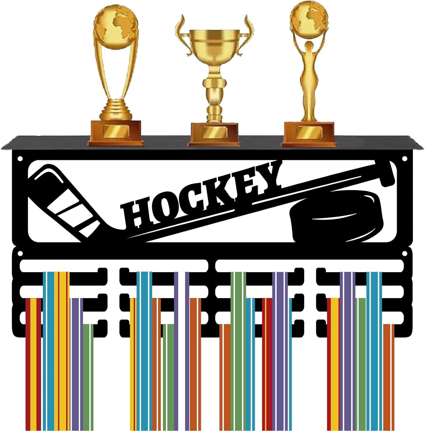 Hockey Medal Holder Trophy Shelf Display with 12 Hooks Sports Black Medals Display with Shelf Awards Medal Hanger Rack for DIY