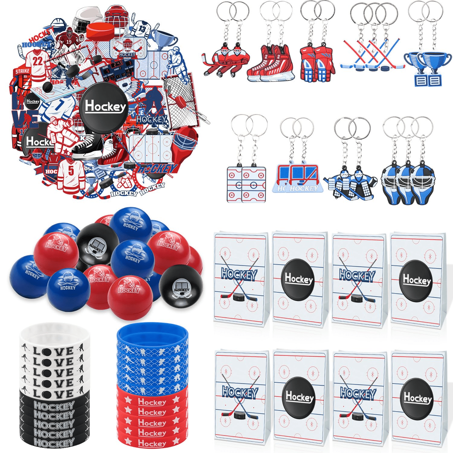 Hockey Party Favors 130Pcs Hockey Party Supplies Foam Hockey Balls, Silicone Wristbands, Hockey Theme Stickers, Hockey Theme Gift Bags, Hockey Keychains, Gifts for Kids Students