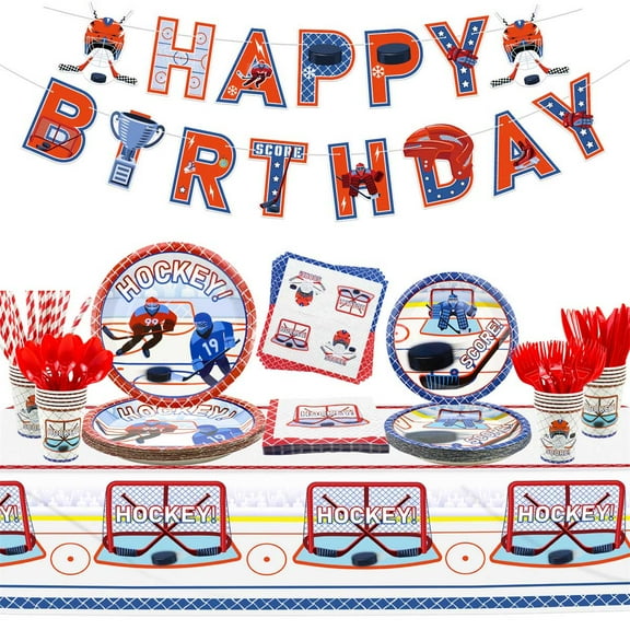 Hockey Party Supplies - Ice Hockey Birthday Party Set Including Plates, Cups, Napkins, Tableware, Tablecloth, Banner for Kid's Hockey Fans Birthday Gameday - Serves 20